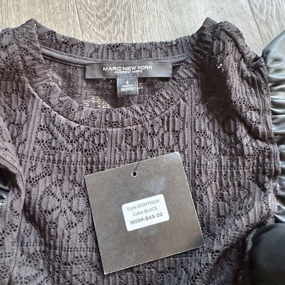 NWT Marc NY Black Lace Top Women Sz S Stretch Faux Leather Ruffle Whimsygoth - Picture 10 of 12